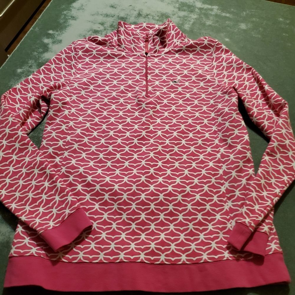 Vineyard Vines pink&white whale tail 1/4 zip Jersey pullover sz small